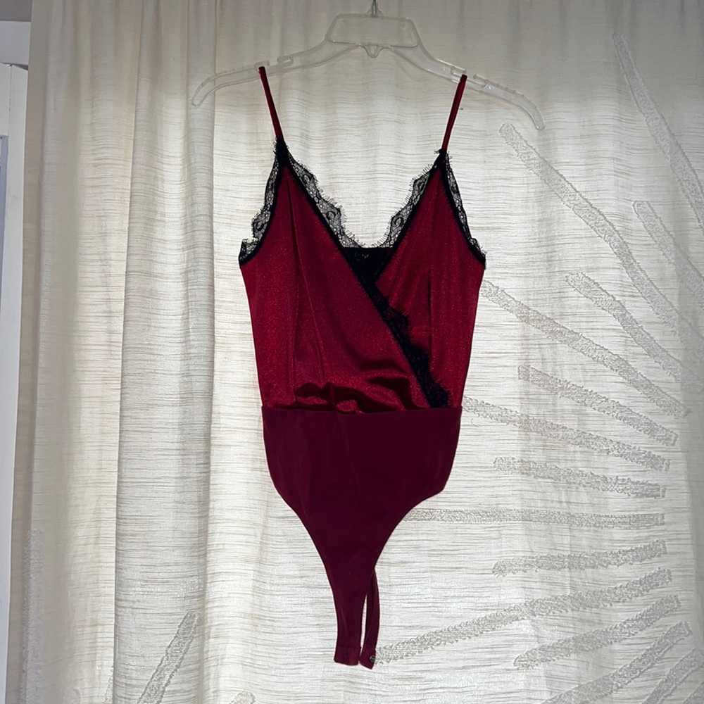 Red Silky Bodysuit with black lace trim Tank Top